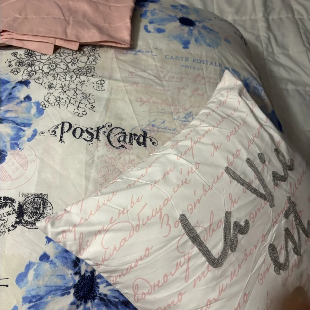 King size comforter with Paris details in pink and blue.